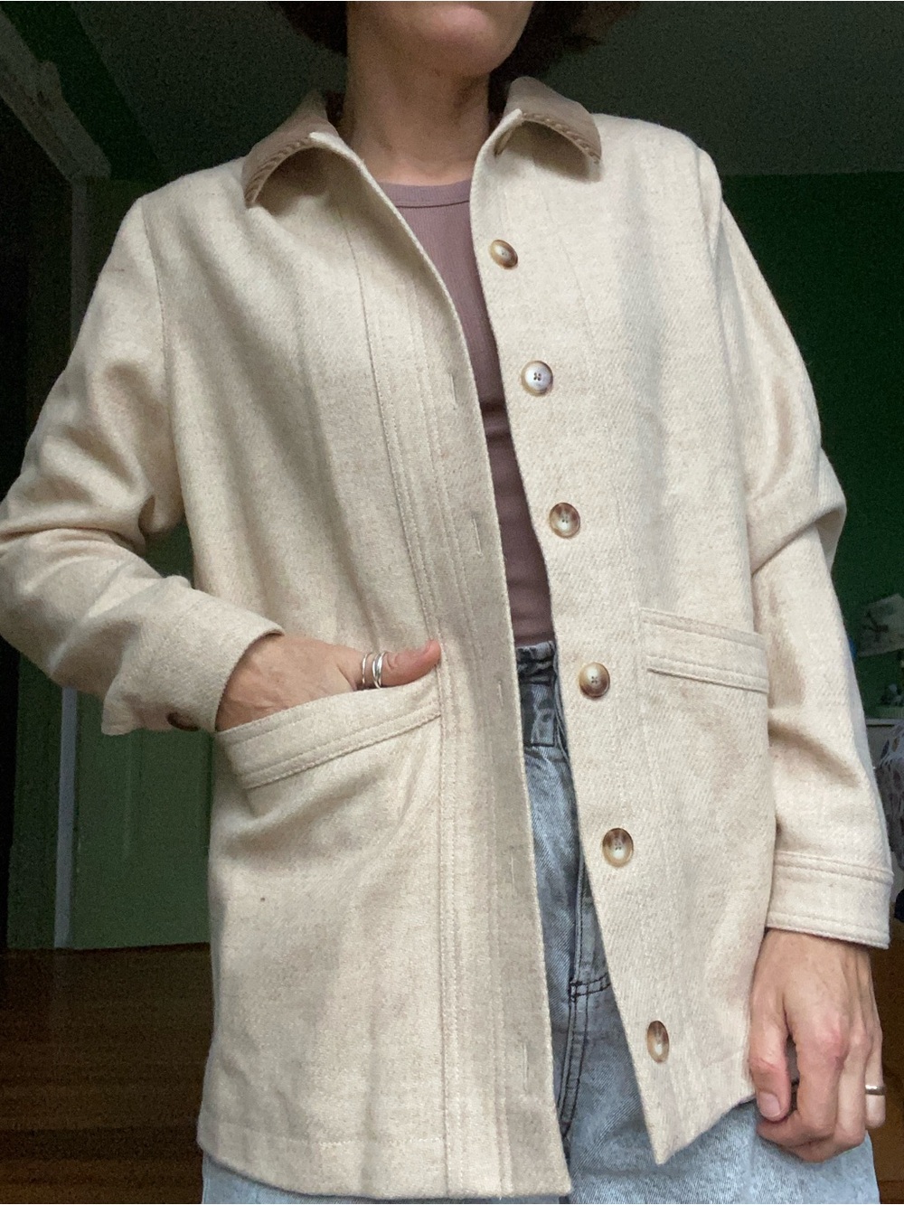 Sezane Will 100% merino wool Cream Button-Front corduroy collar jacket
